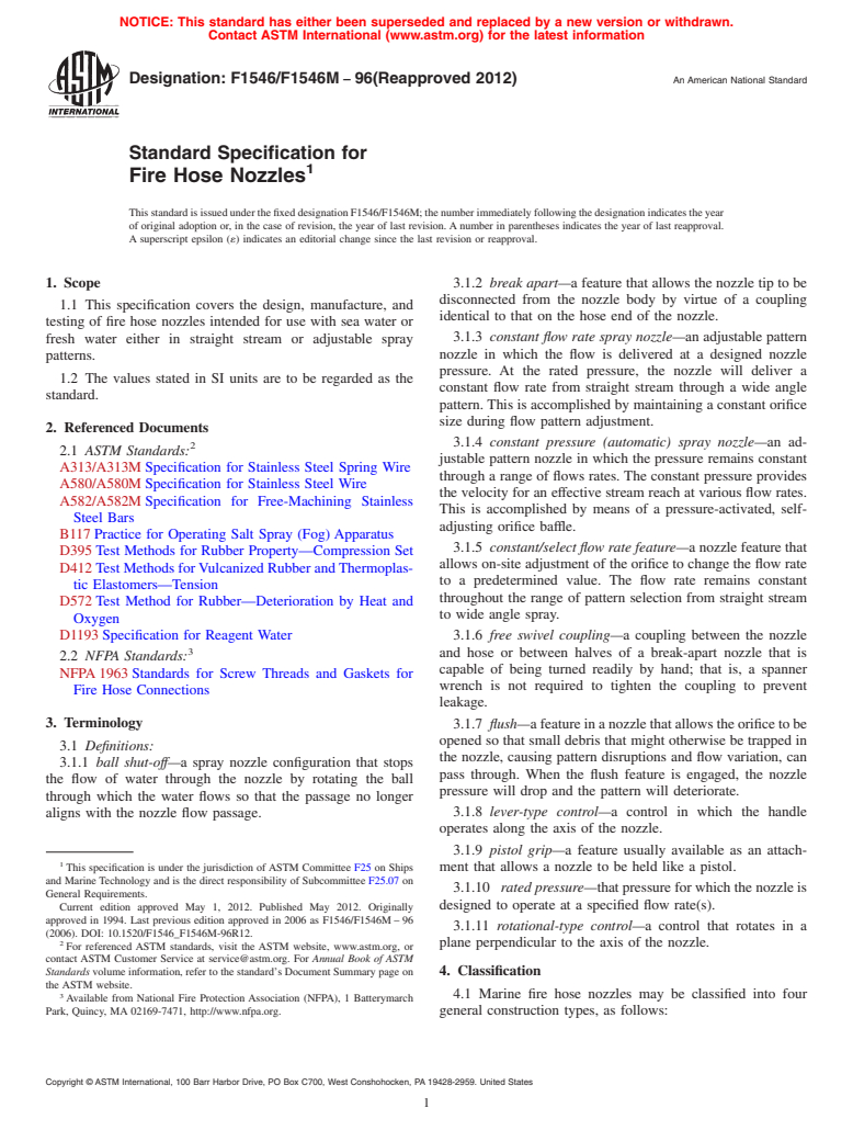 ASTM F1546/F1546M-96(2012) - Standard Specification for  Fire Hose Nozzles