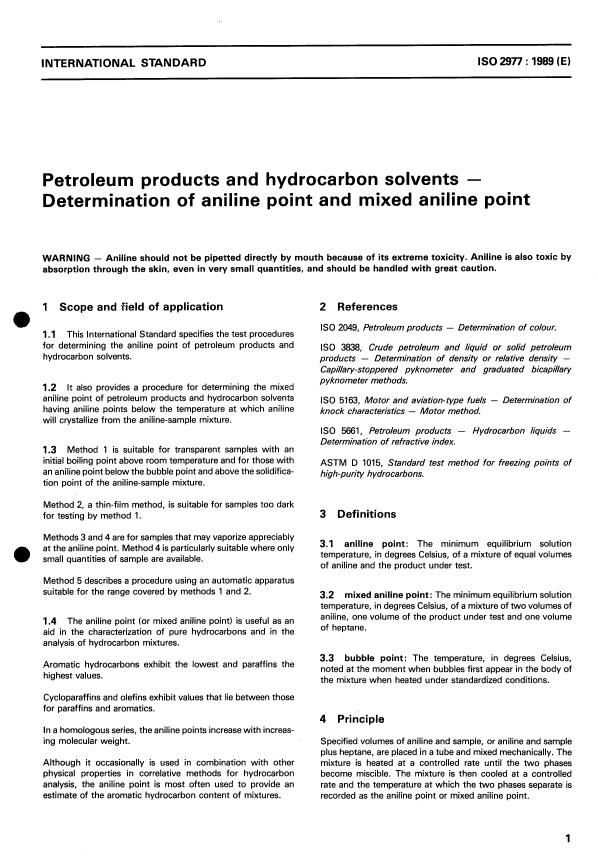 ISO 2977:1989 - Petroleum products and hydrocarbon solvents -- Determination of aniline point and mixed aniline point