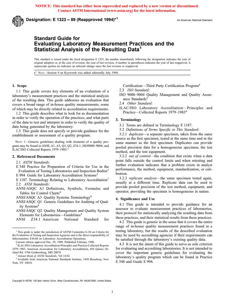 ASTM E1323-89(1994)e1 - Standard Guide for Evaluating Laboratory Measurement Practices and the Statistical Analysis of the Resulting Data