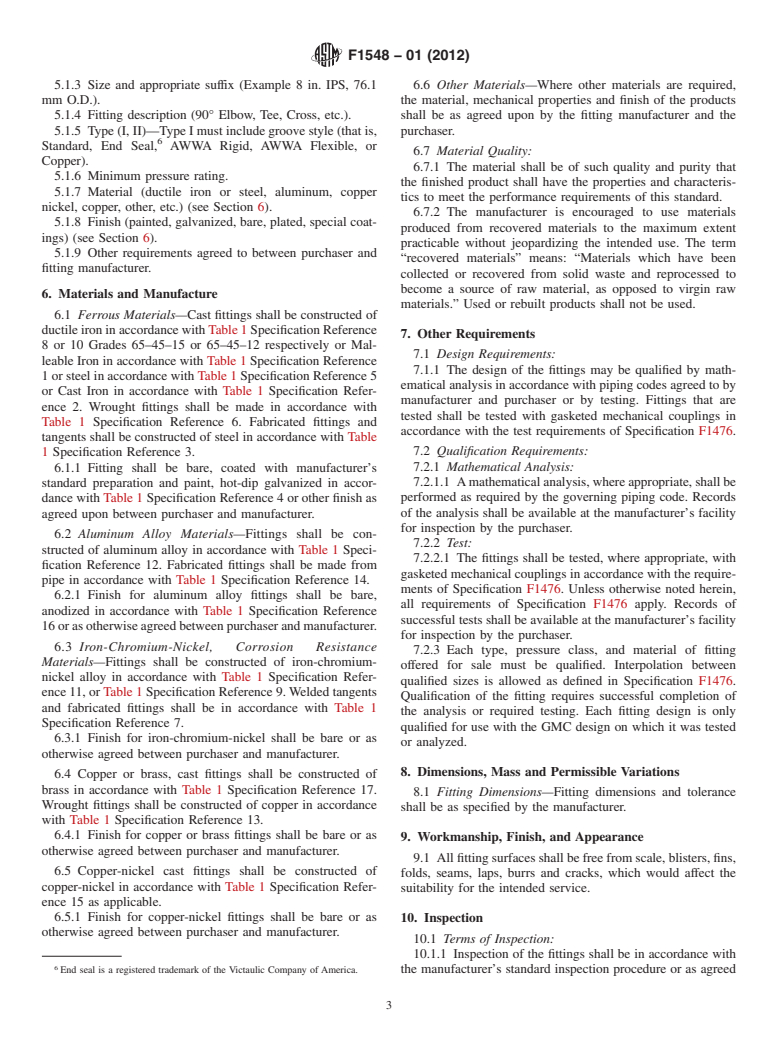 ASTM F1548-01(2012) - Standard Specification for  Performance of Fittings for Use with Gasketed Mechanical Couplings Used in Piping Applications