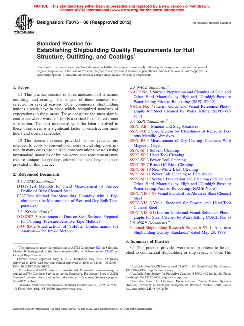 ASTM F2016-00(2012) - Standard Practice for Establishing Shipbuilding Quality Requirements for Hull Structure, Outfitting, and Coatings