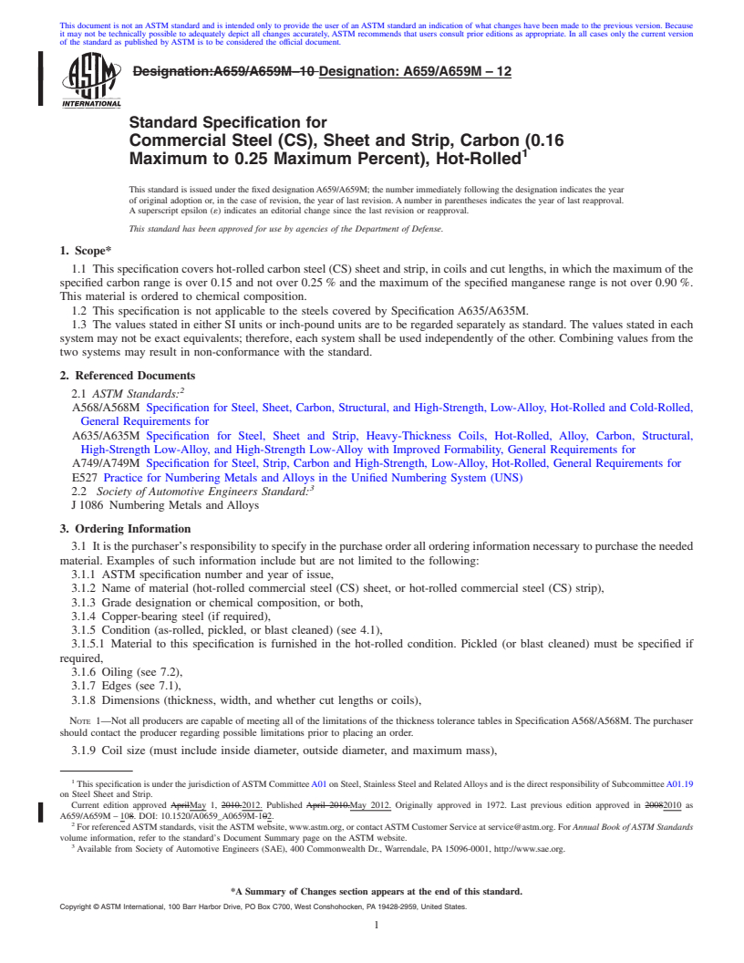 REDLINE ASTM A659/A659M-12 - Standard Specification for  Commercial Steel (CS), Sheet and Strip, Carbon (0.16 Maximum to 0.25 Maximum Percent), Hot-Rolled