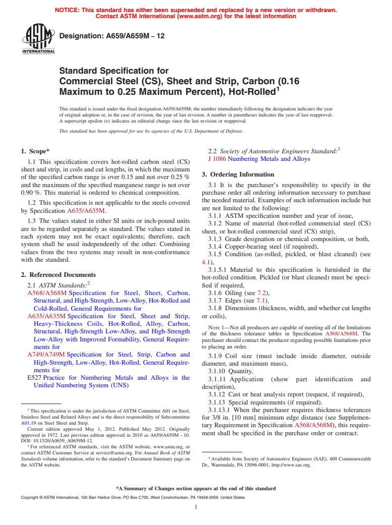 ASTM A659/A659M-12 - Standard Specification for  Commercial Steel (CS), Sheet and Strip, Carbon (0.16 Maximum to 0.25 Maximum Percent), Hot-Rolled