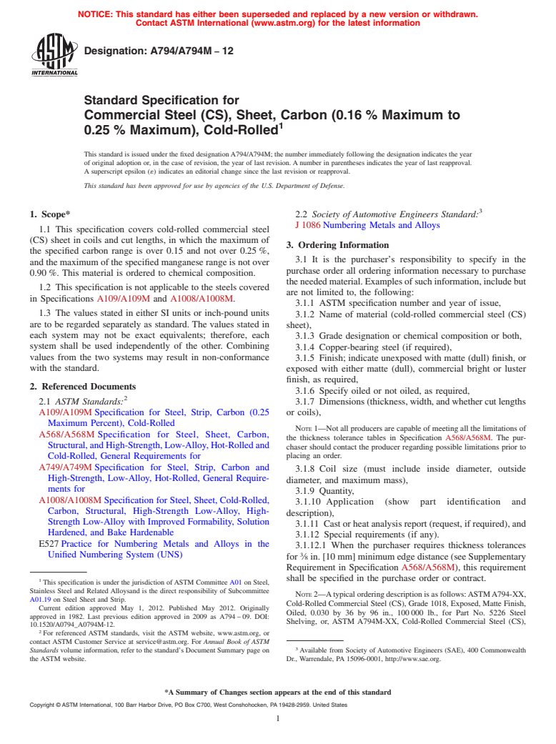 ASTM A794/A794M-12 - Standard Specification for  Commercial Steel (CS), Sheet, Carbon (0.16&thinsp;% Maximum to 0.25&thinsp;% Maximum), Cold-Rolled