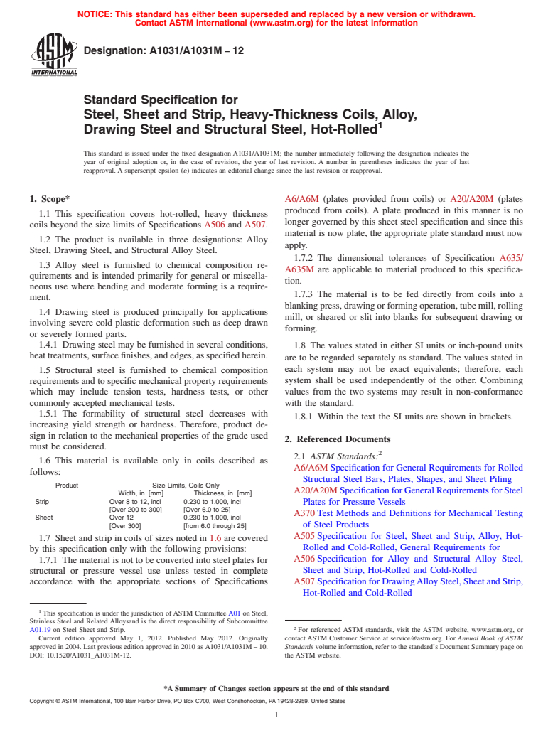 ASTM A1031/A1031M-12 - Standard Specification for Steel, Sheet and Strip, Heavy-Thickness Coils, Alloy, Drawing Steel and Structural Steel, Hot-Rolled