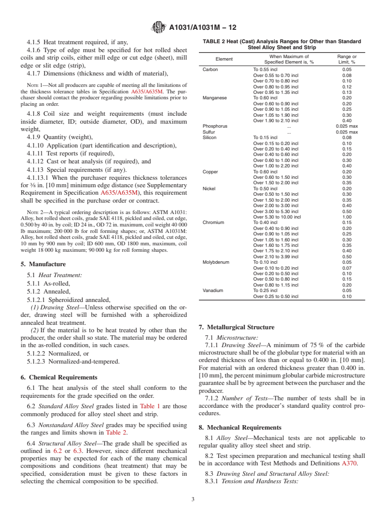 ASTM A1031/A1031M-12 - Standard Specification for Steel, Sheet and Strip, Heavy-Thickness Coils, Alloy, Drawing Steel and Structural Steel, Hot-Rolled