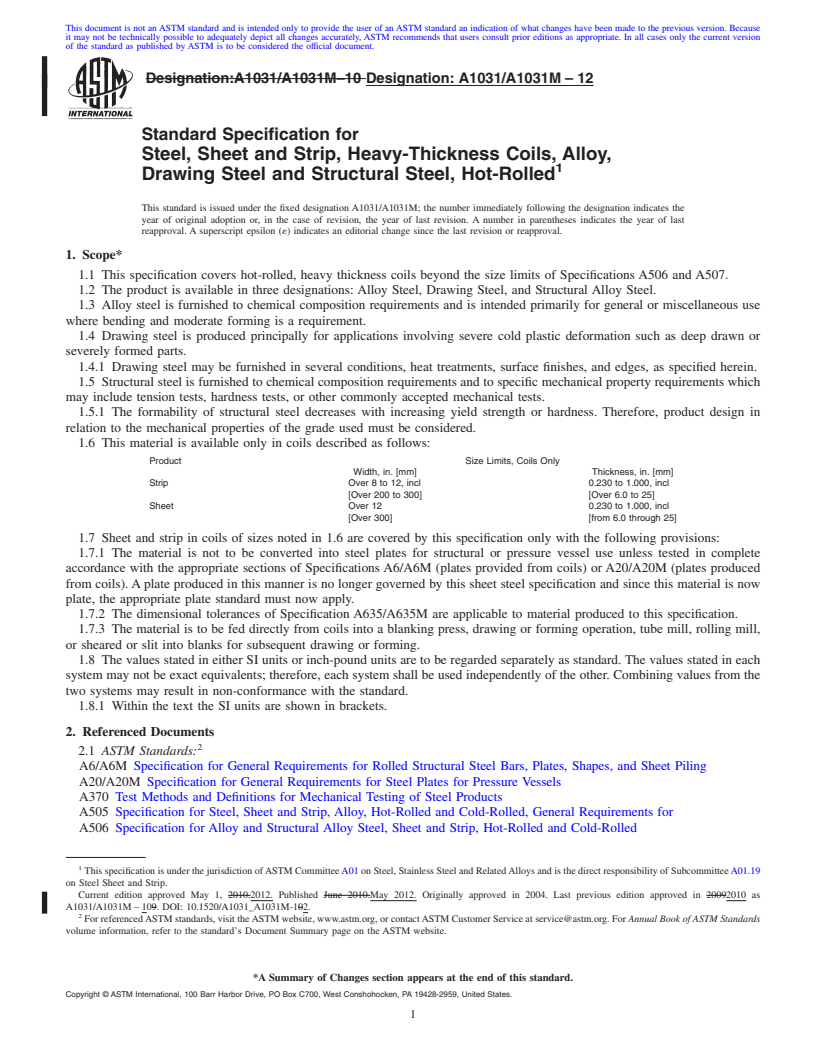 REDLINE ASTM A1031/A1031M-12 - Standard Specification for Steel, Sheet and Strip, Heavy-Thickness Coils, Alloy, Drawing Steel and Structural Steel, Hot-Rolled