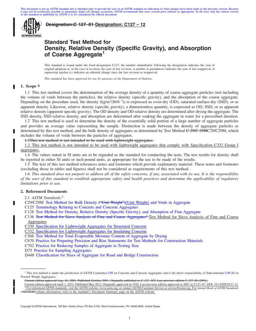 REDLINE ASTM C127-12 - Standard Test Method for  Density, Relative Density (Specific Gravity), and Absorption of Coarse Aggregate