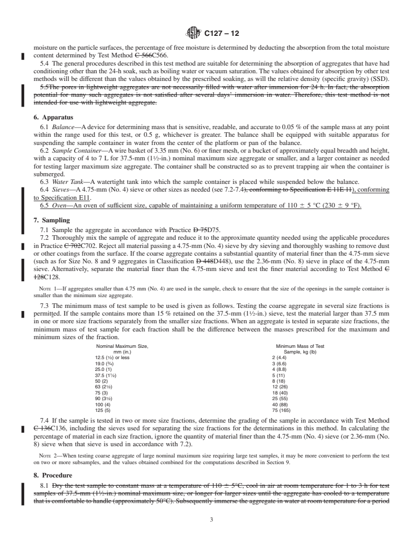 REDLINE ASTM C127-12 - Standard Test Method for  Density, Relative Density (Specific Gravity), and Absorption of Coarse Aggregate