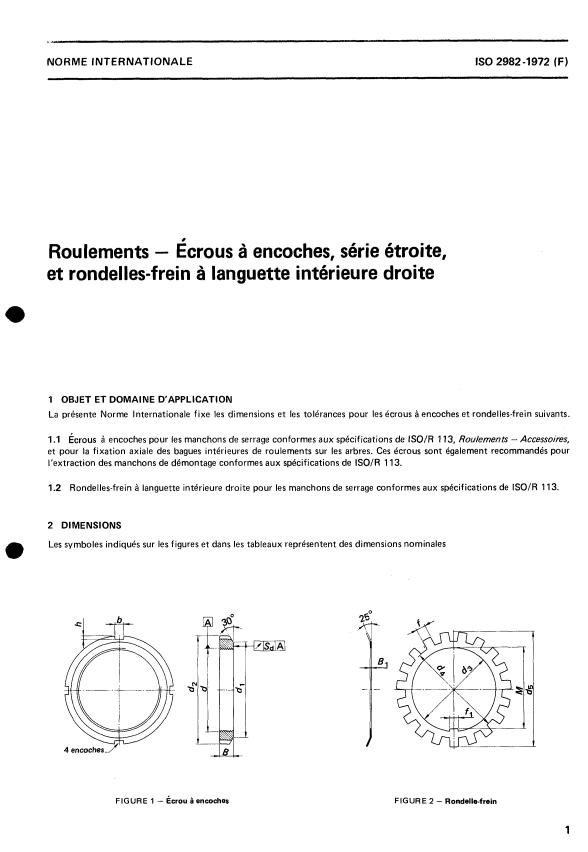 ISO 2982:1972 - Roulements -- Écrous a encoches, série étroite, et rondelles-frein a languette intérieure droite