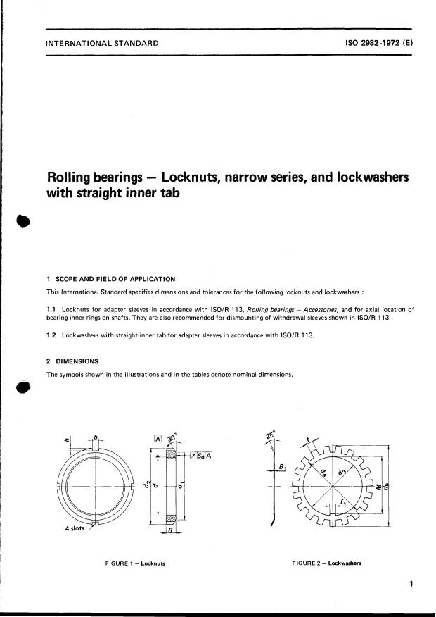 ISO 2982:1972 - Rolling bearings -- Locknuts, narrow series, and lockwashers with straight inner tab