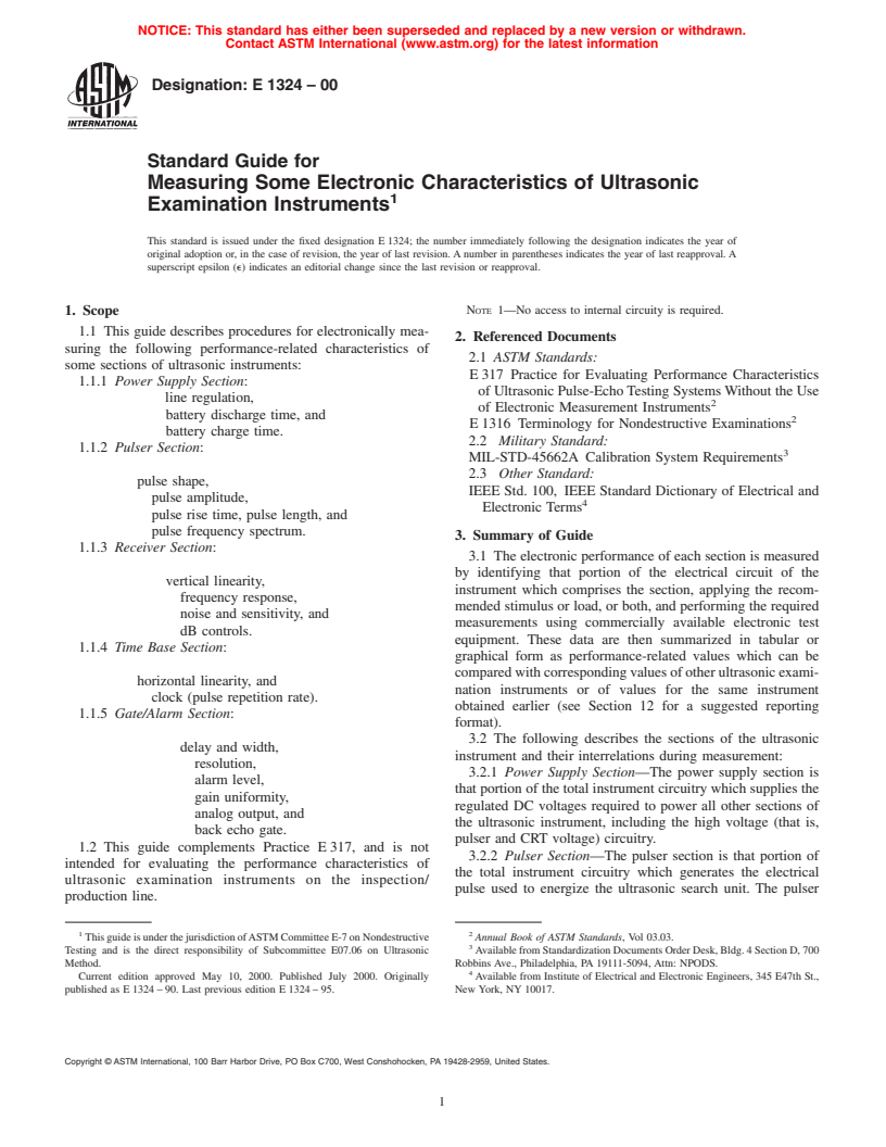 ASTM E1324-00 - Standard Guide for Measuring Some Electronic Characteristics of Ultrasonic Examination Instruments