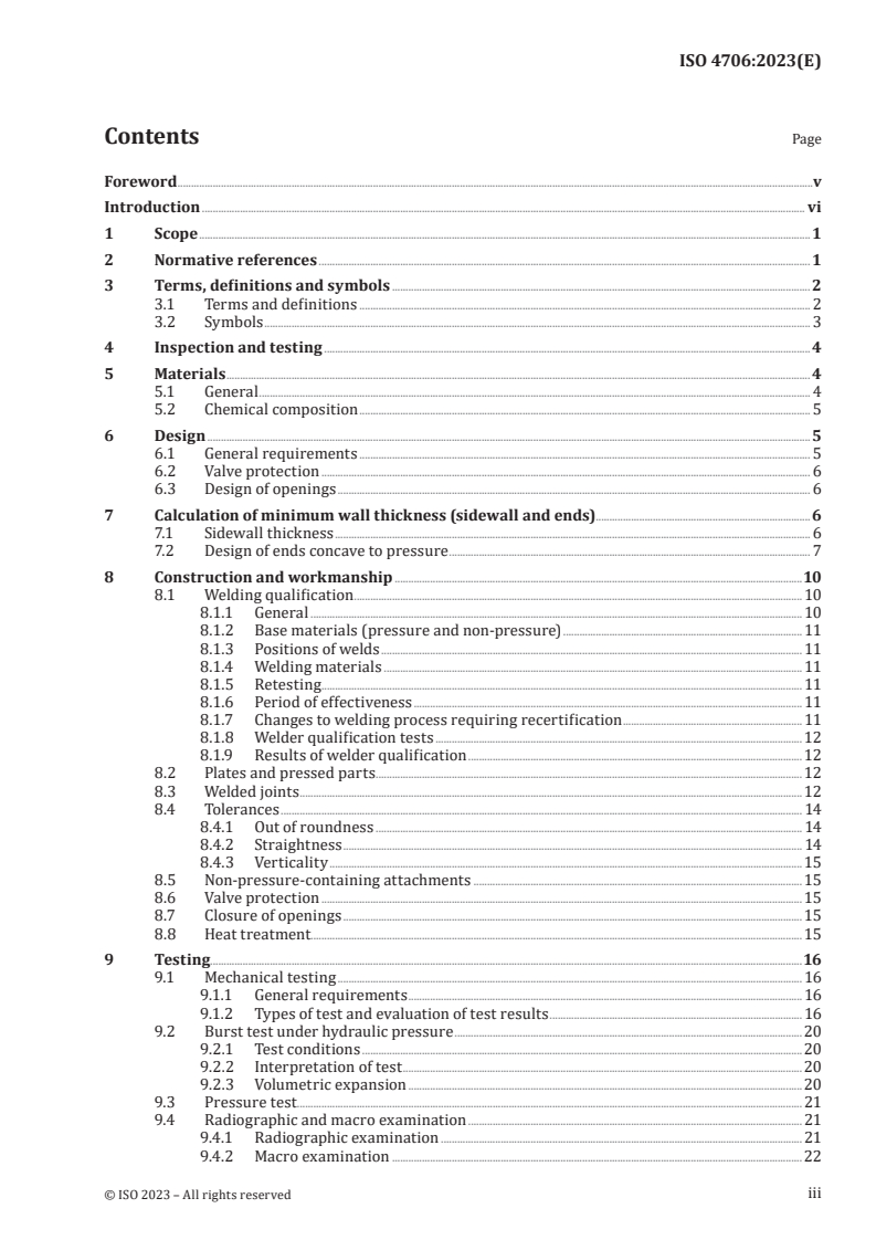 ISO 4706:2023 - Gas cylinders — Refillable welded steel cylinders — Test pressure 60 bar and below
Released:9/20/2023
