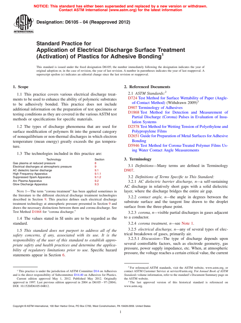 ASTM D6105-04(2012) - Standard Practice for Application of Electrical Discharge Surface Treatment (Activation) of Plastics for Adhesive Bonding