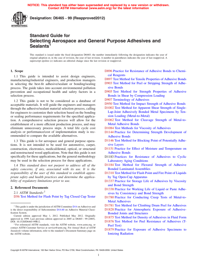 ASTM D6465-99(2012) - Standard Guide for Selecting Aerospace and General Purpose Adhesives and Sealants