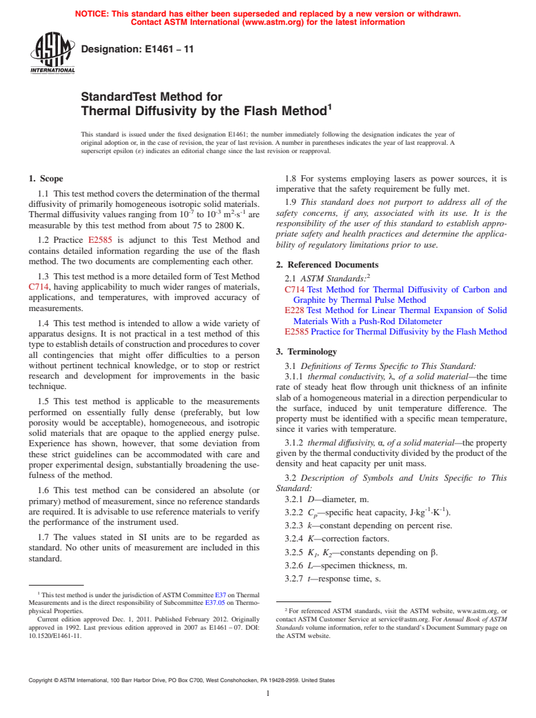 ASTM E1461-11 - Standard Test Method for Thermal Diffusivity by the Flash Method