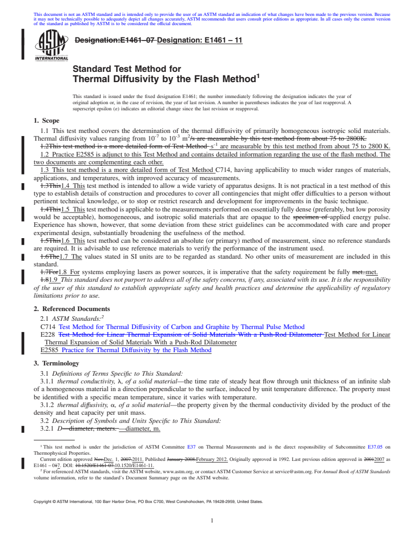 REDLINE ASTM E1461-11 - Standard Test Method for Thermal Diffusivity by the Flash Method