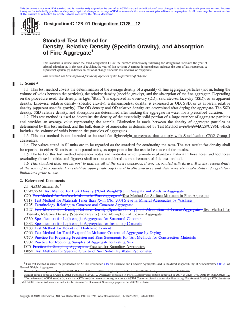 REDLINE ASTM C128-12 - Standard Test Method for Density, Relative Density (Specific Gravity), and Absorption of Fine Aggregate