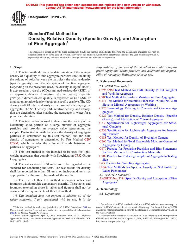 ASTM C128-12 - Standard Test Method for Density, Relative Density (Specific Gravity), and Absorption of Fine Aggregate