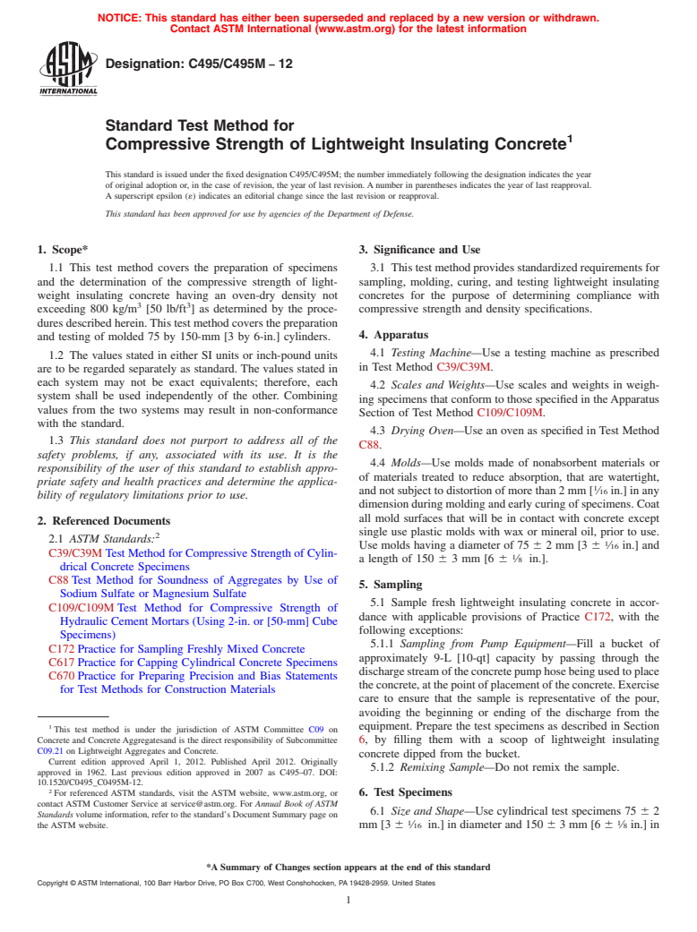 ASTM C495/C495M-12 - Standard Test Method for  Compressive Strength of Lightweight Insulating Concrete