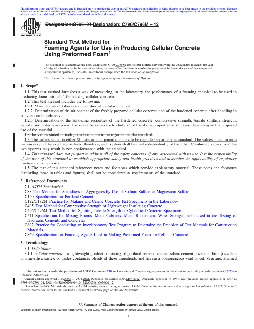 REDLINE ASTM C796/C796M-12 - Standard Test Method for  Foaming Agents for Use in Producing Cellular Concrete Using Preformed Foam