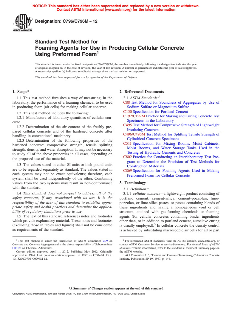 ASTM C796/C796M-12 - Standard Test Method for  Foaming Agents for Use in Producing Cellular Concrete Using Preformed Foam