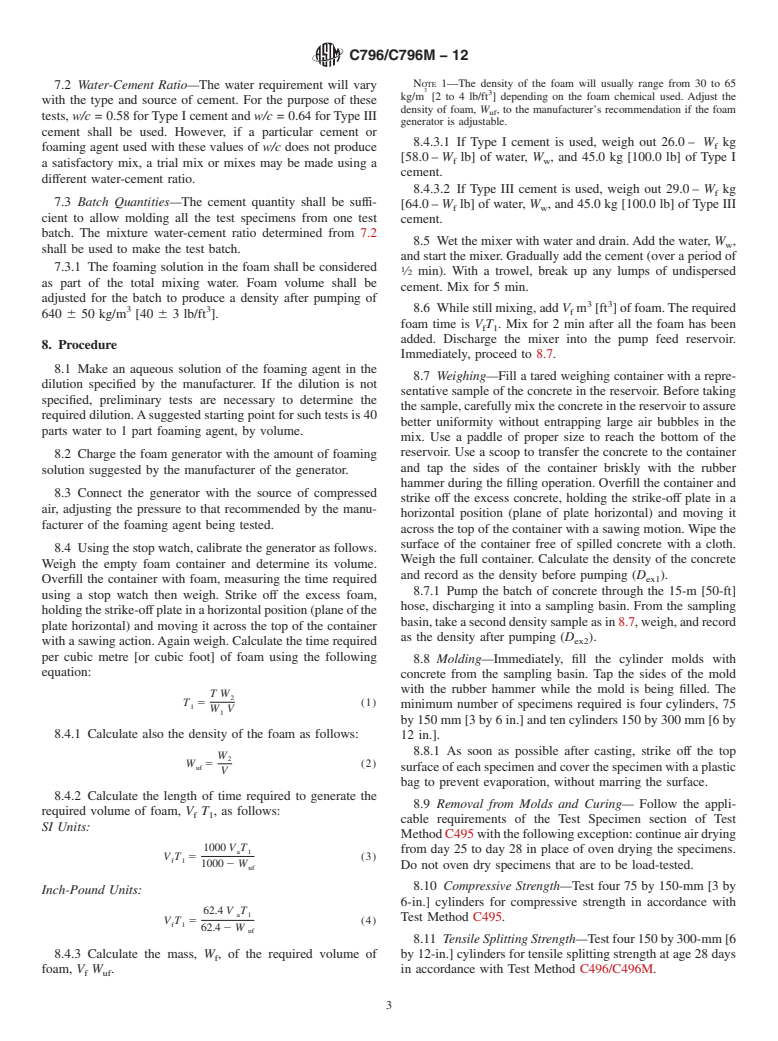 ASTM C796/C796M-12 - Standard Test Method for  Foaming Agents for Use in Producing Cellular Concrete Using Preformed Foam