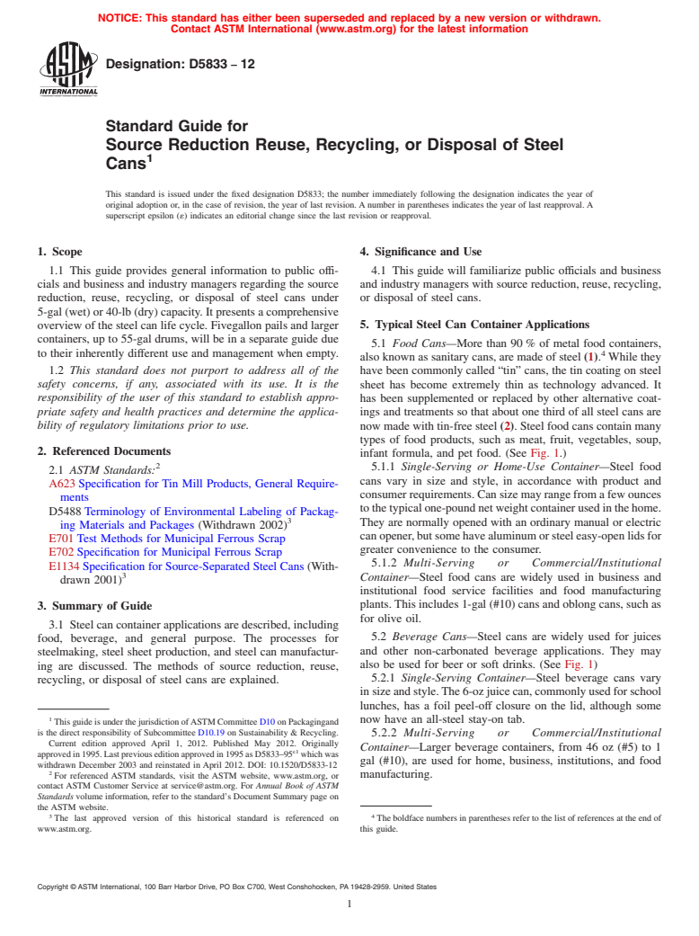 ASTM D5833-12 - Standard Guide for  Source Reduction Reuse, Recycling, or Disposal of Steel Cans