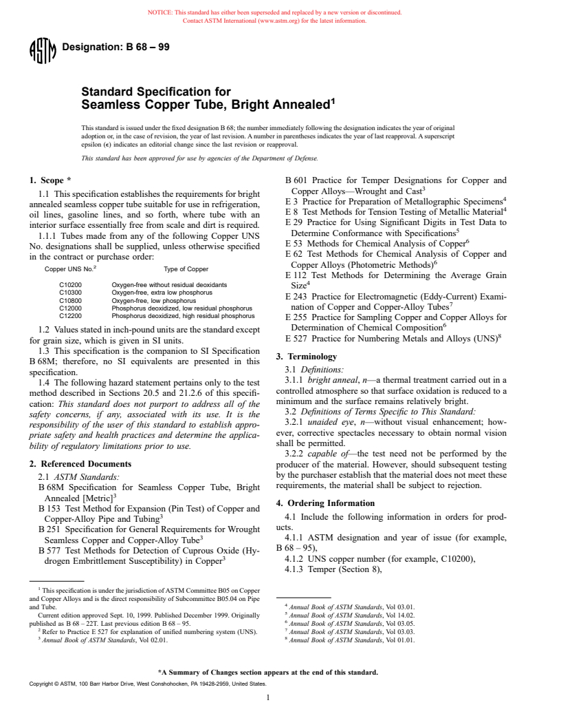 ASTM B68-99 - Standard Specification for Seamless Copper Tube, Bright Annealed