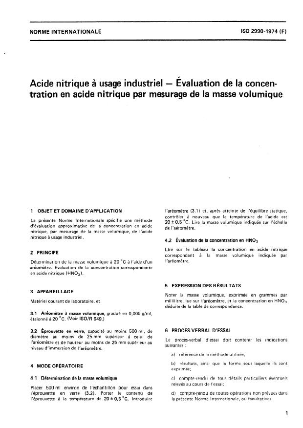 ISO 2990:1974 - Acide nitrique a usage industriel -- Évaluation de la concentration en acide nitrique par mesurage de la masse volumique