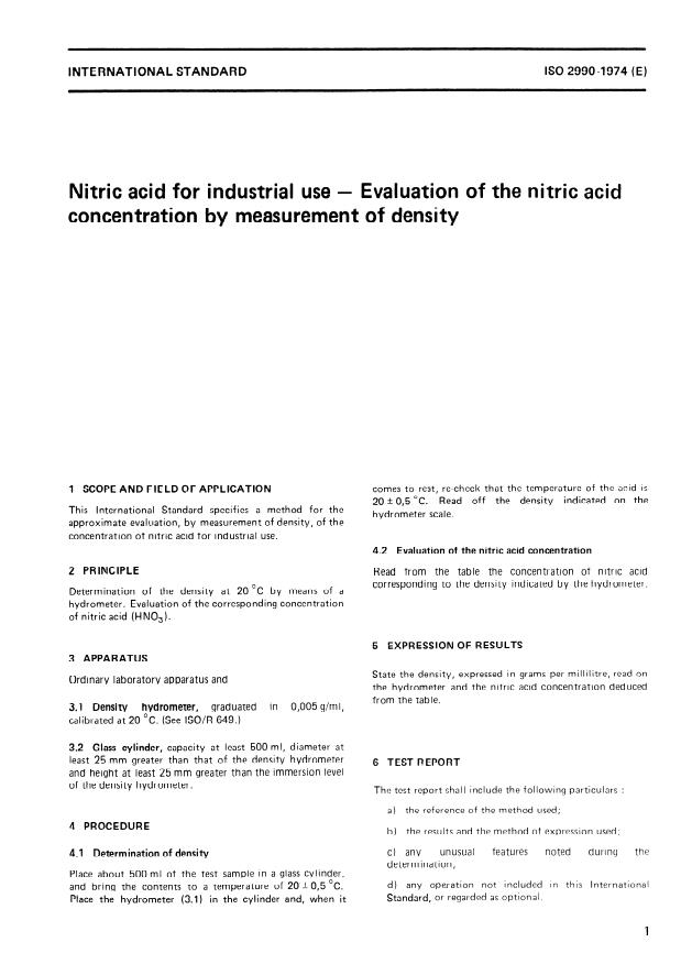 ISO 2990:1974 - Nitric acid for industrial use -- Evaluation of the nitric acid concentration by measurement of density