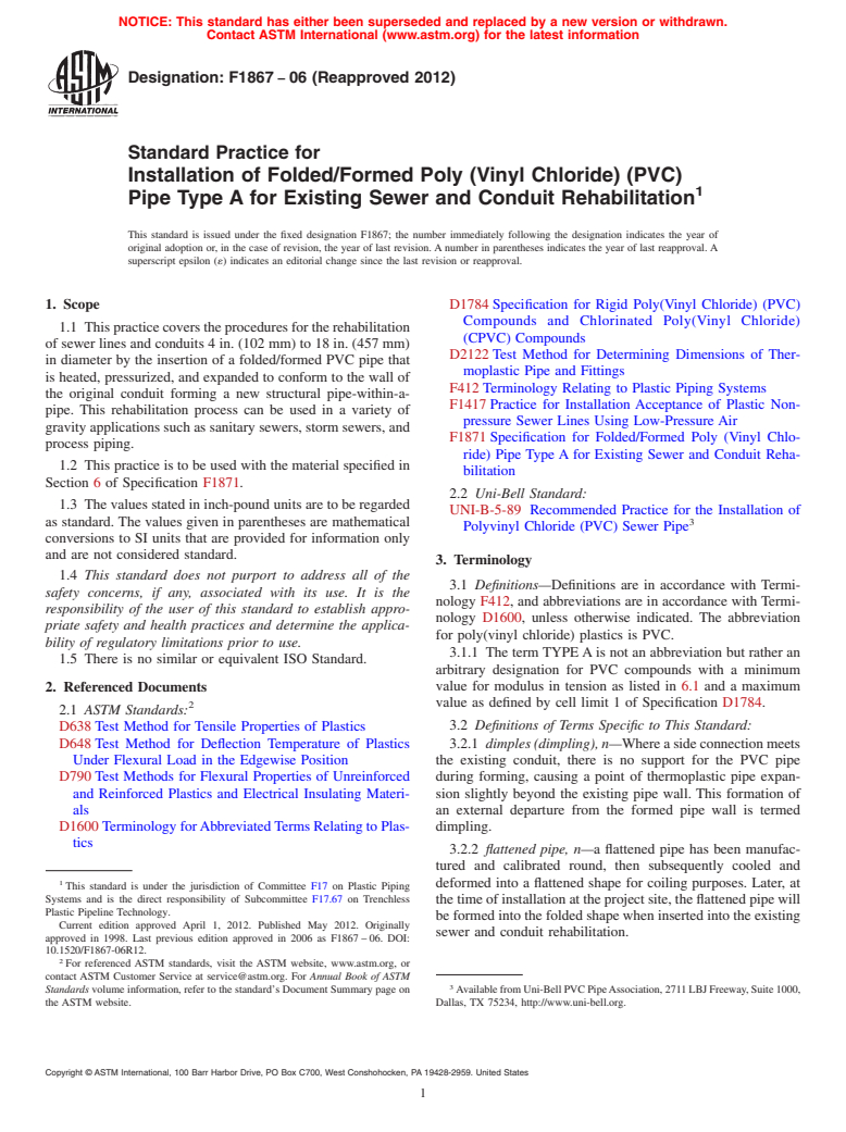 ASTM F1867-06(2012) - Standard Practice for Installation of Folded/Formed Poly (Vinyl Chloride) (PVC) Pipe Type A for Existing Sewer and Conduit Rehabilitation