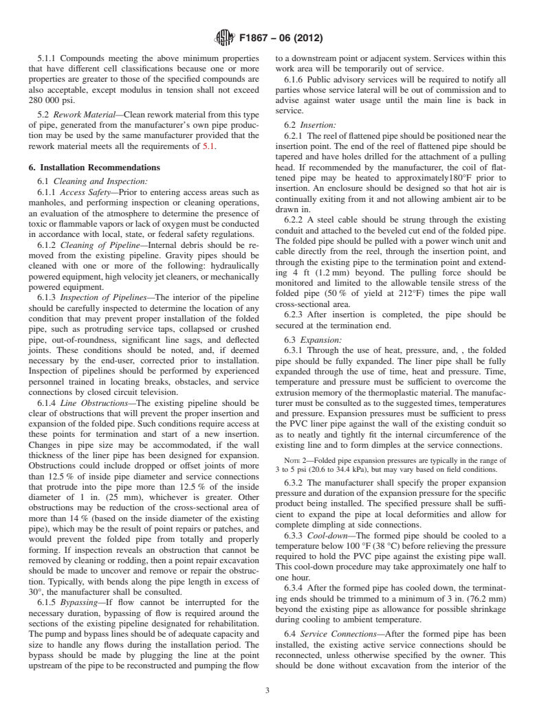 ASTM F1867-06(2012) - Standard Practice for Installation of Folded/Formed Poly (Vinyl Chloride) (PVC) Pipe Type A for Existing Sewer and Conduit Rehabilitation