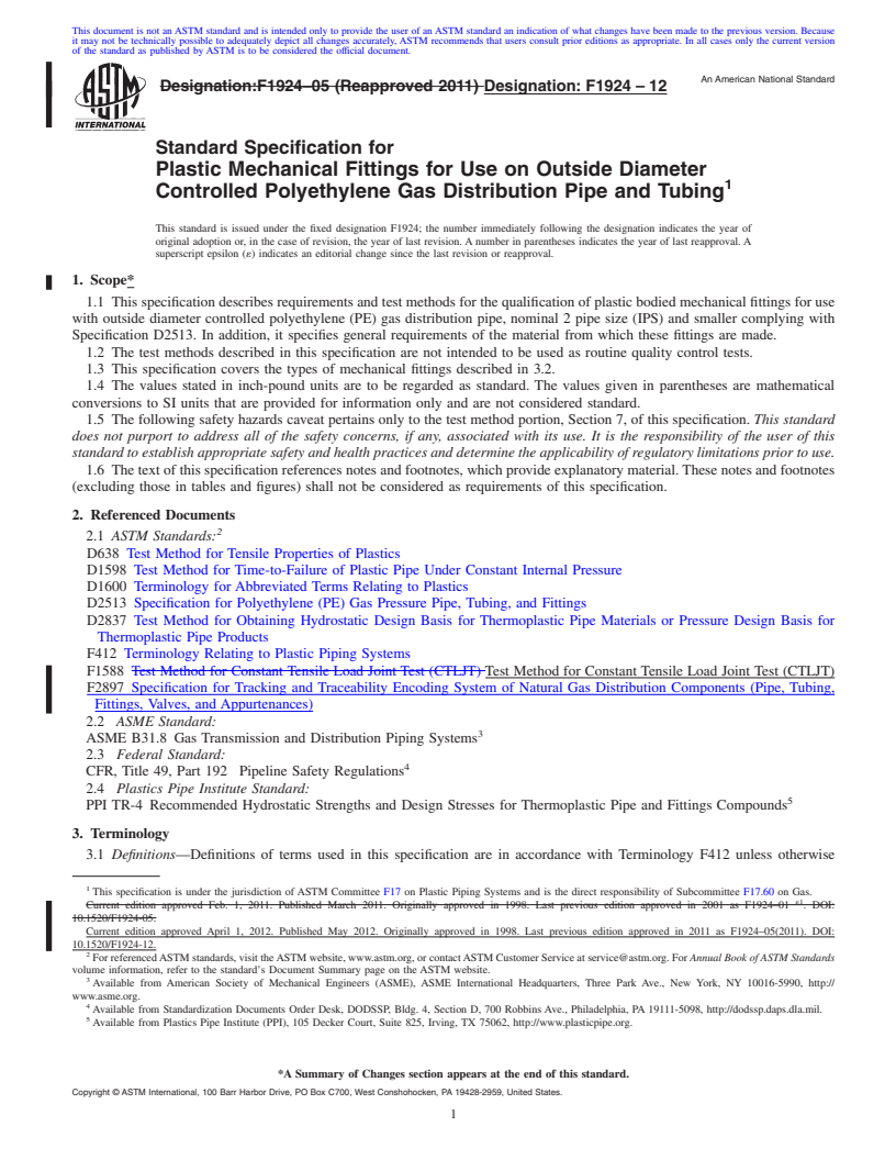 REDLINE ASTM F1924-12 - Standard Specification for Plastic Mechanical Fittings for Use on Outside Diameter Controlled Polyethylene Gas Distribution Pipe and Tubing