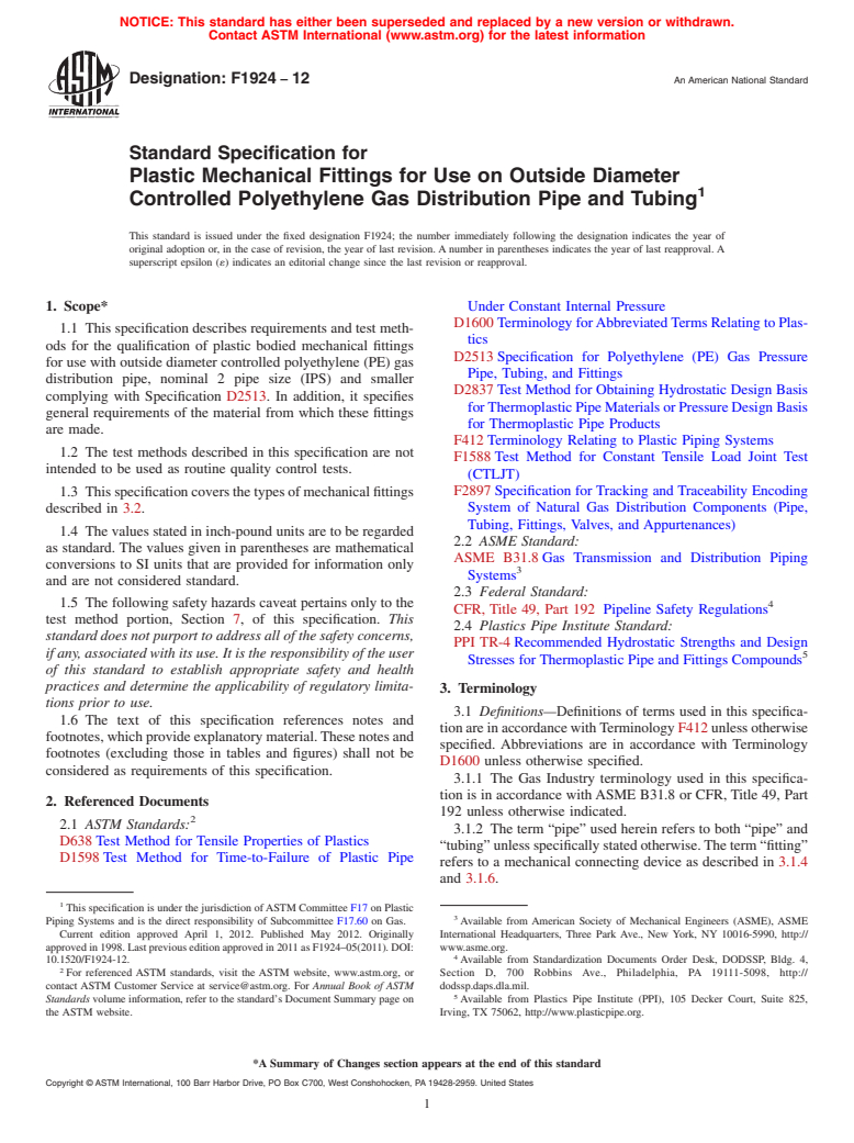 ASTM F1924-12 - Standard Specification for Plastic Mechanical Fittings for Use on Outside Diameter Controlled Polyethylene Gas Distribution Pipe and Tubing