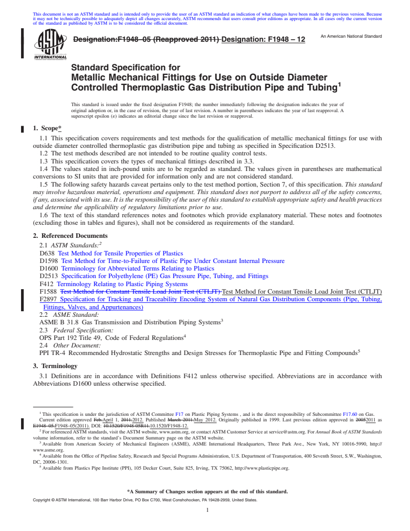 REDLINE ASTM F1948-12 - Standard Specification for Metallic Mechanical Fittings for Use on Outside Diameter Controlled Thermoplastic Gas Distribution Pipe and Tubing