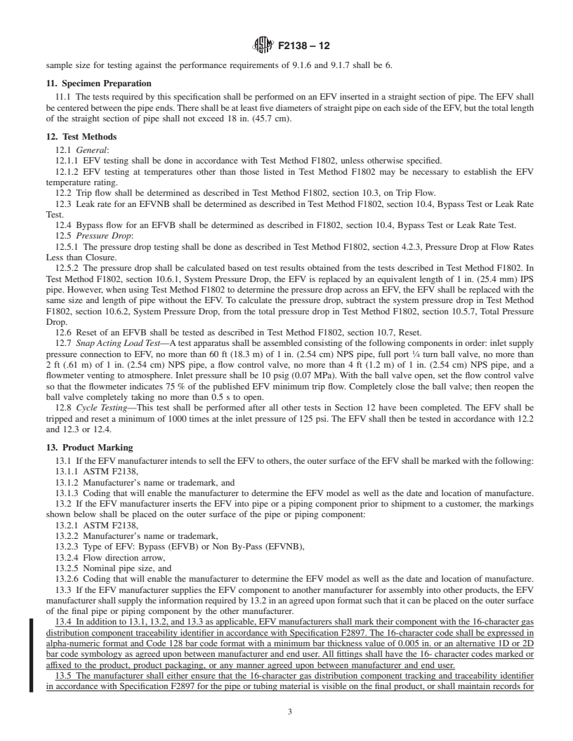 REDLINE ASTM F2138-12 - Standard Specification for Excess Flow Valves for Natural Gas Service