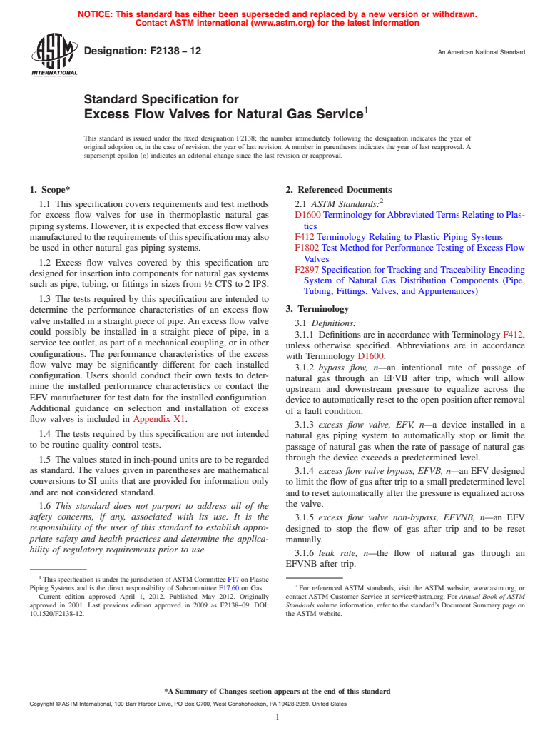 ASTM F2138-12 - Standard Specification for Excess Flow Valves for Natural Gas Service