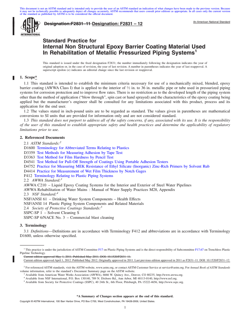 REDLINE ASTM F2831-12 - Standard Practice for  Internal Non Structural Epoxy Barrier Coating Material Used In Rehabilitation of Metallic Pressurized Piping Systems