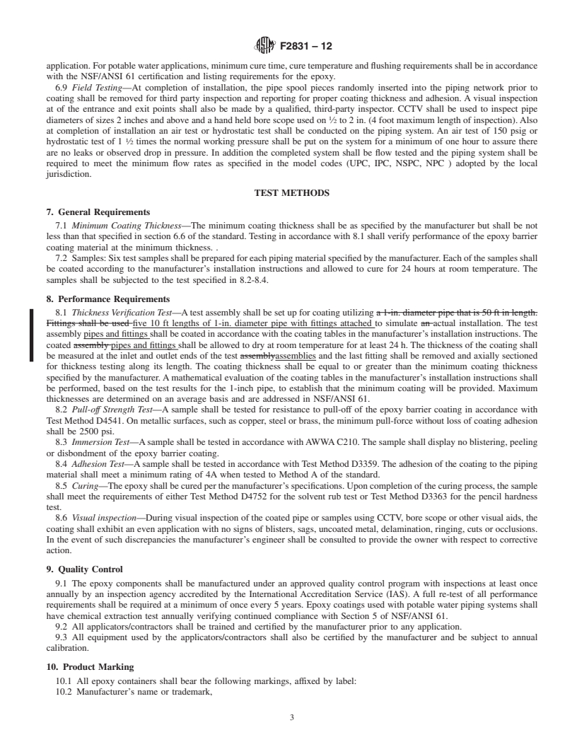 REDLINE ASTM F2831-12 - Standard Practice for  Internal Non Structural Epoxy Barrier Coating Material Used In Rehabilitation of Metallic Pressurized Piping Systems