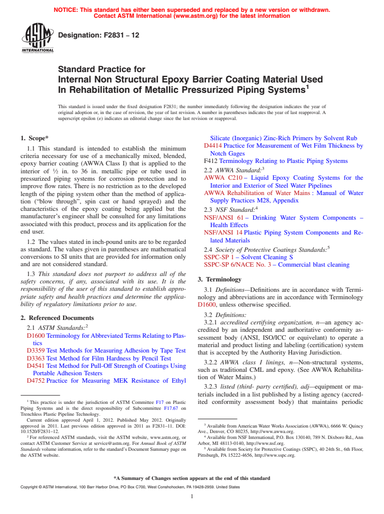 ASTM F2831-12 - Standard Practice for  Internal Non Structural Epoxy Barrier Coating Material Used In Rehabilitation of Metallic Pressurized Piping Systems