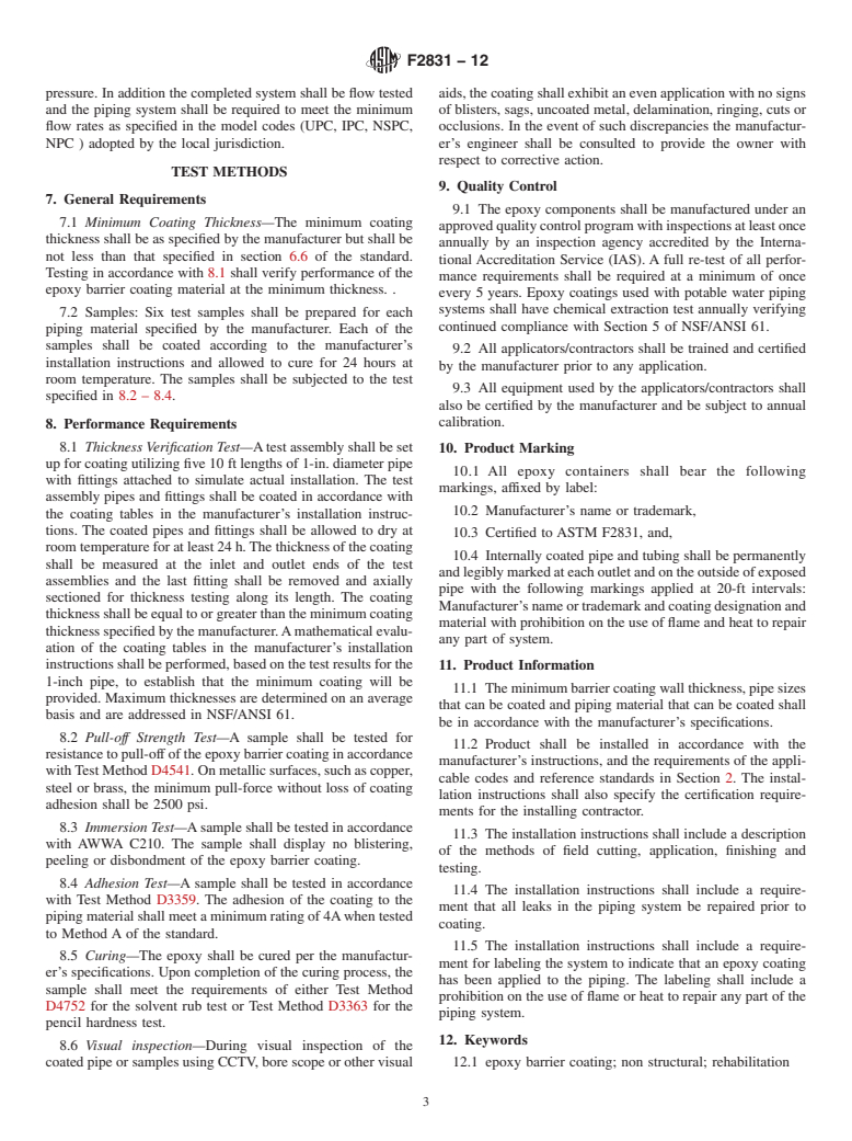 ASTM F2831-12 - Standard Practice for  Internal Non Structural Epoxy Barrier Coating Material Used In Rehabilitation of Metallic Pressurized Piping Systems