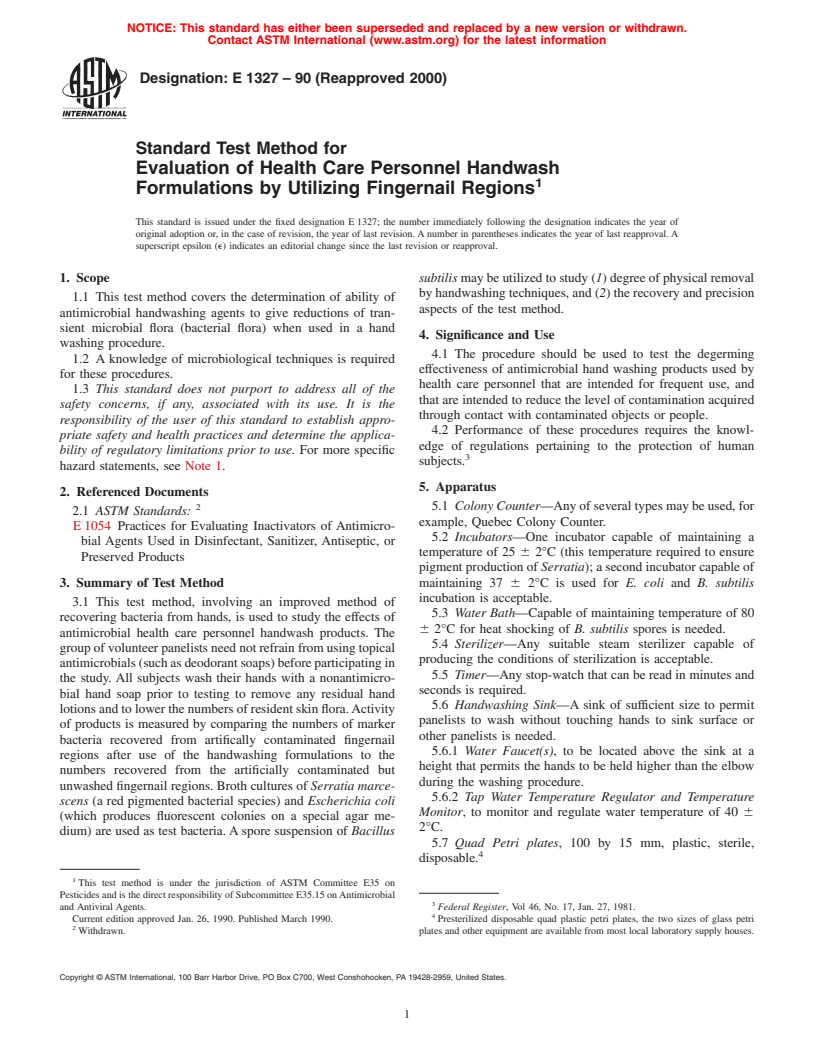 ASTM E1327-90(2000) - Standard Test Method for Evaluation of Health Care Personnel Handwash Formulations by Utilizing Fingernail Regions