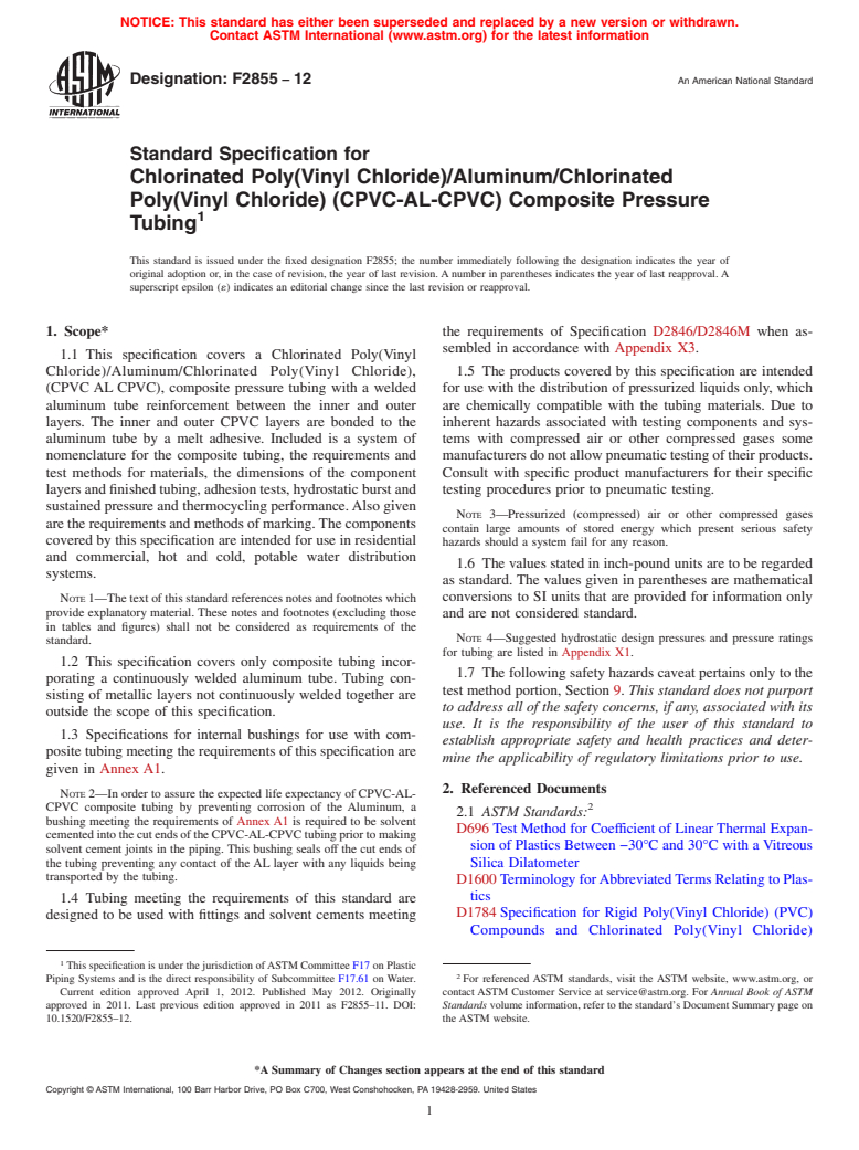 ASTM F2855-12 - Standard Specification for Chlorinated Poly(Vinyl Chloride)/Aluminum/Chlorinated Poly(Vinyl Chloride) (CPVC-AL-CPVC) Composite Pressure Tubing