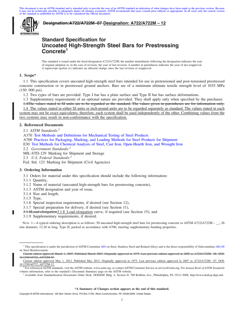 REDLINE ASTM A722/A722M-12 - Standard Specification for  Uncoated High-Strength Steel Bars for Prestressing Concrete