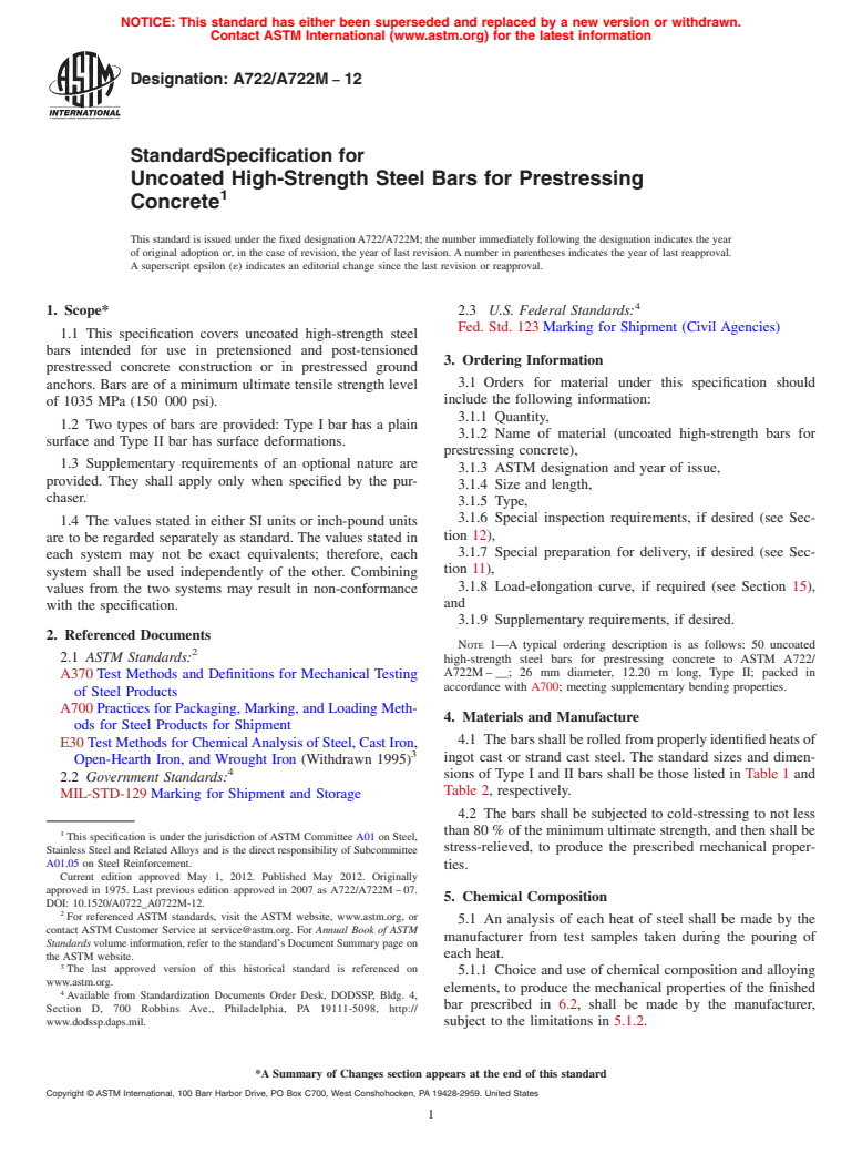 ASTM A722/A722M-12 - Standard Specification for  Uncoated High-Strength Steel Bars for Prestressing Concrete