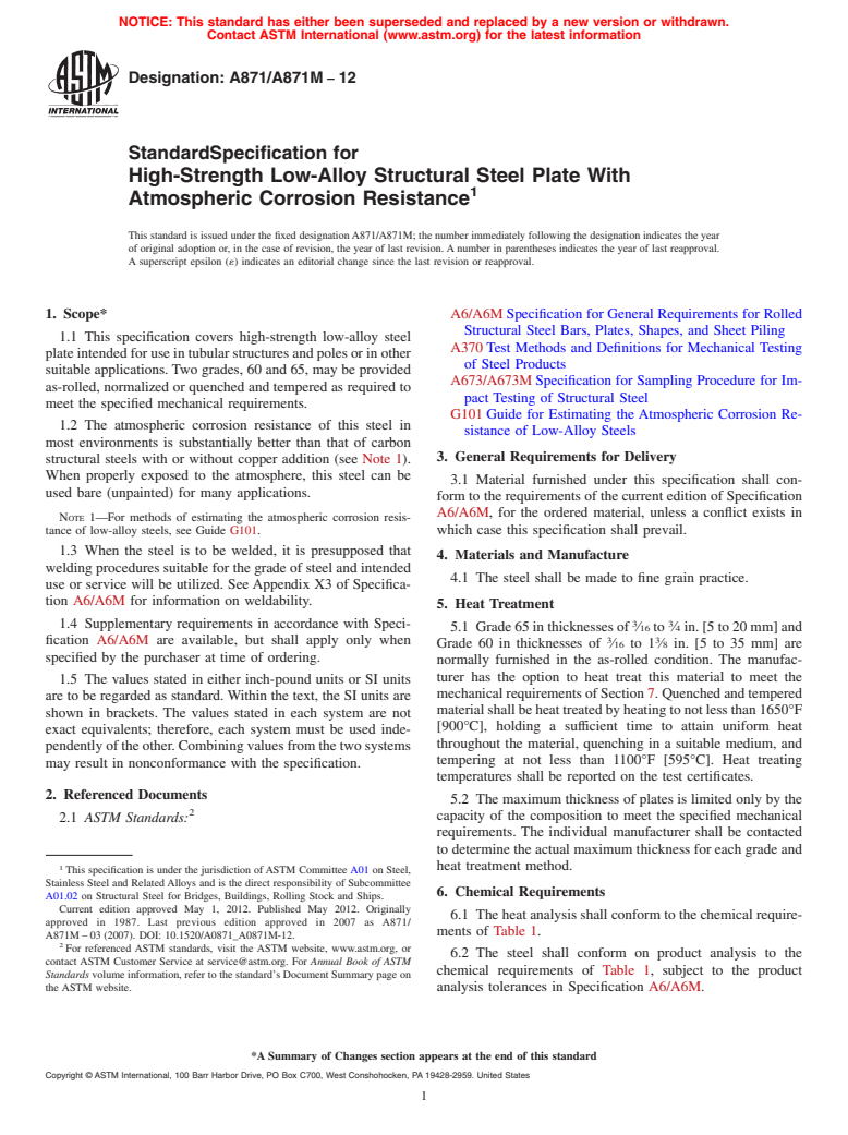 ASTM A871/A871M-12 - Standard Specification for  High-Strength Low-Alloy Structural Steel Plate With Atmospheric Corrosion Resistance