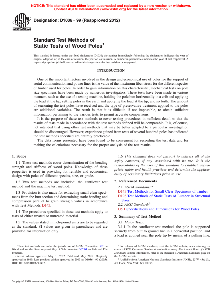 ASTM D1036-99(2012) - Standard Test Methods of  Static Tests of Wood Poles