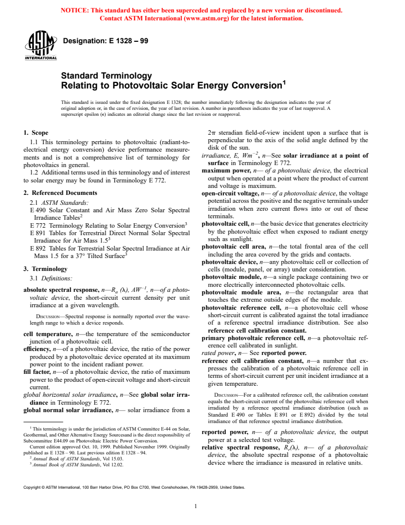 ASTM E1328-99 - Standard Terminology Relating to Photovoltaic Solar Energy Conversion