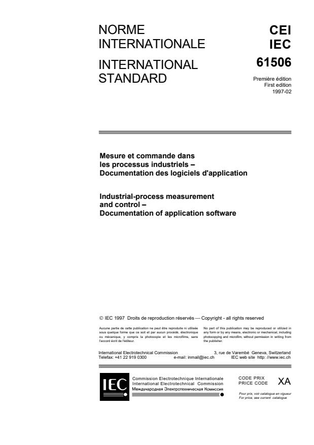 IEC 61506:1997 - Industrial-process measurement and control - Documentation ofapplication software